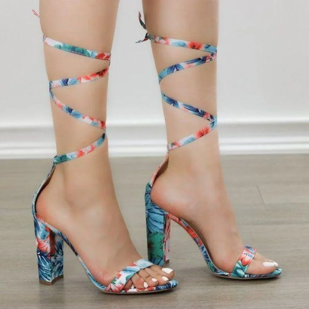 Blue Floral Laced-up Leg Tie, Ankle Strap High Heels Sandals - Picture 1 of 8